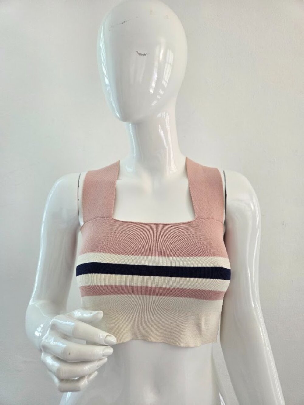 Pink Cream Navy Striped Knit Square Neck Crop Tank Top Size XS - Picture 14 of 16